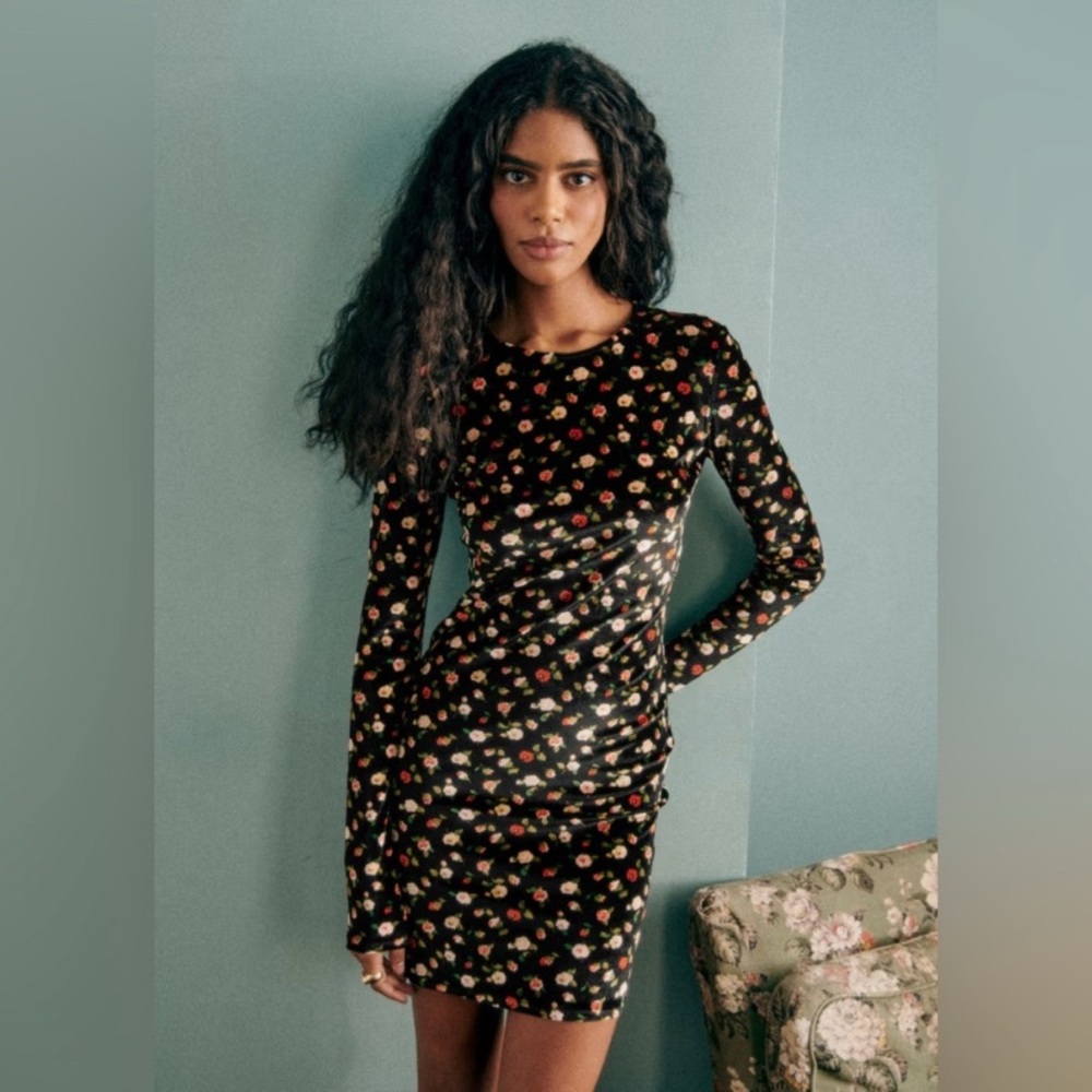 Sézane Black Floral Long Sleeve Dress
